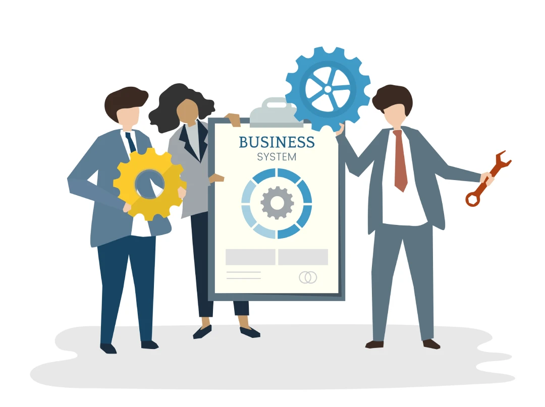 Team of professionals with gears and a 'BUSINESS SYSTEM' poster, symbolizing teamwork and process optimization