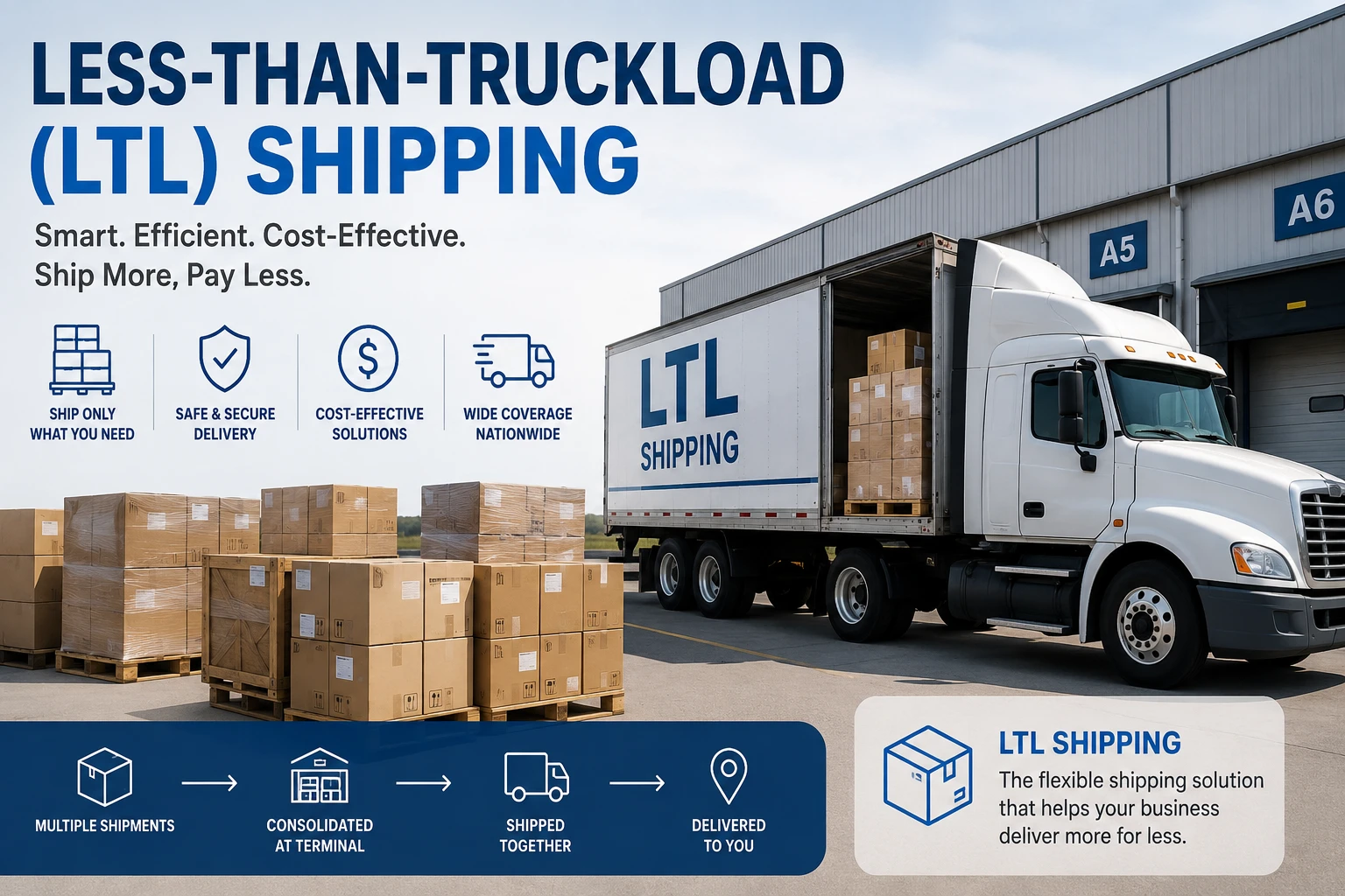 Large billboard at a loading dock promoting LTL shipping with a white semi-truck and stacked boxes nearby.