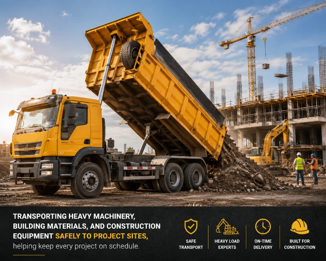 Yellow dump truck dumping dirt at a construction site with a crane and workers nearby, under a blue sky.