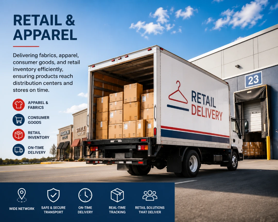 Delivery truck with 'Retail Delivery' logo unloading boxes at a loading dock; headline reads 'Retail & Apparel' on the left side of the scene.