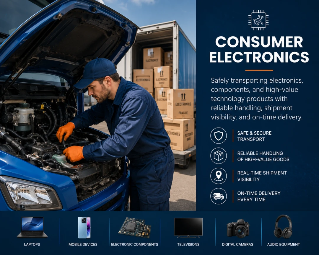 Technician in blue coveralls repairing a blue delivery truck, with stacked boxes in the background and a 'Consumer Electronics' info panel on the right side.