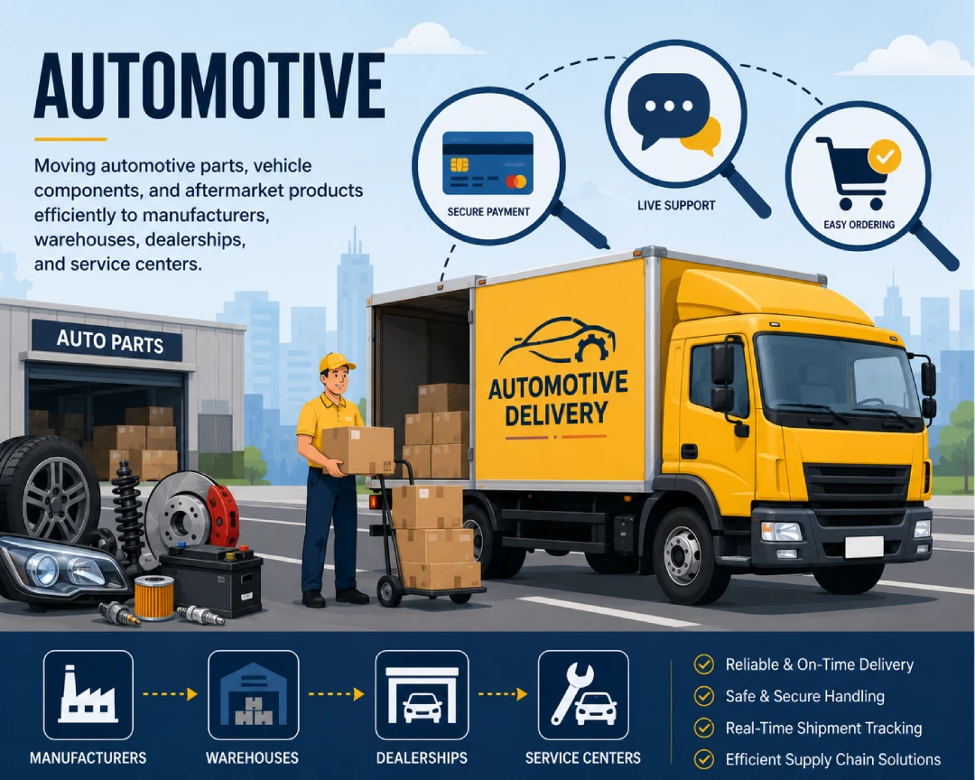 Infographic: a bright delivery scene with a yellow 'Automotive Delivery' truck unloading boxes beside auto parts; three circular icons show Secure Payment, Live Support, and Easy Ordering. Bottom flow shows Manufacturers → Warehouses → Dealerships → Service Centers with bullets like reliable on-time delivery and real-time tracking.