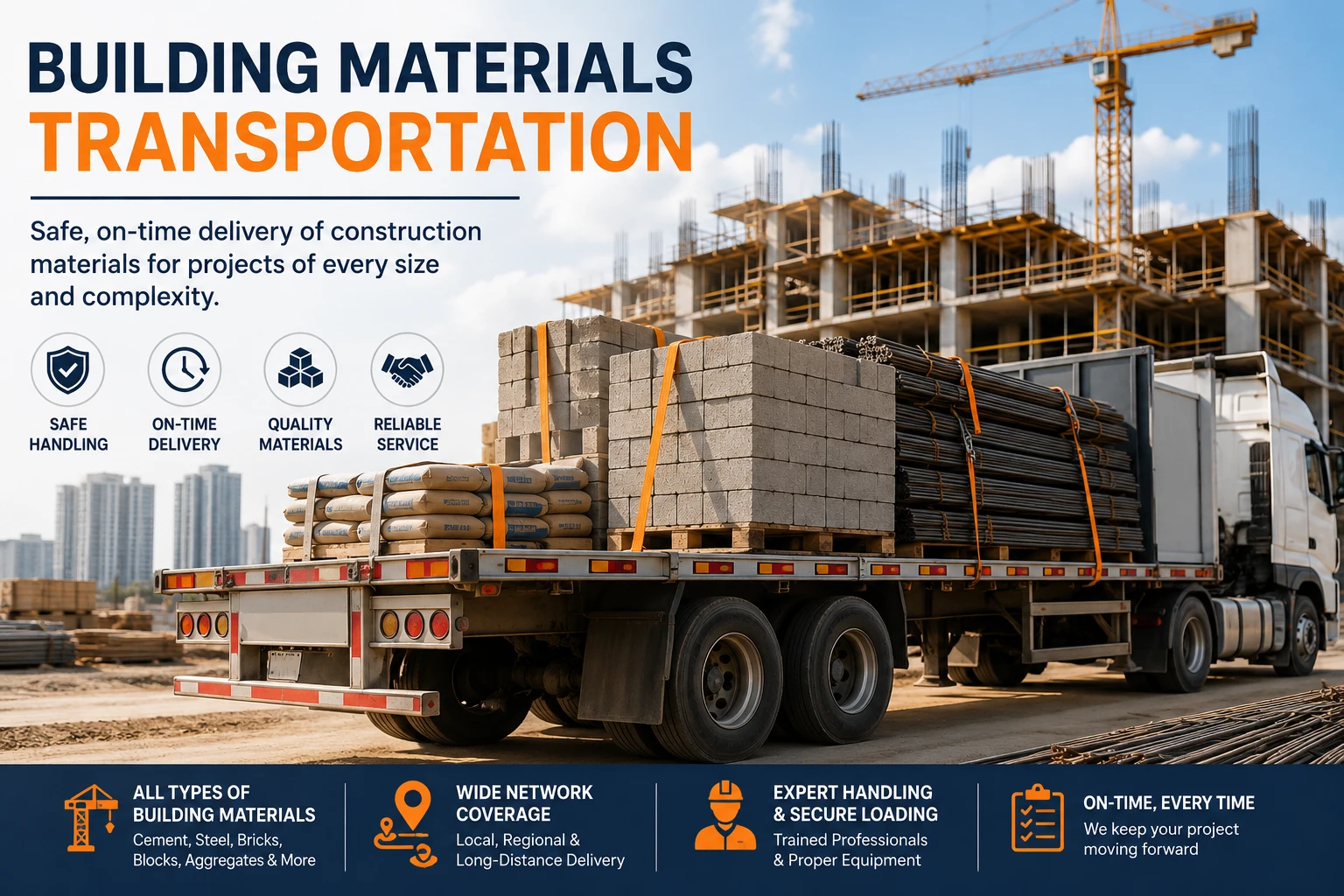 Construction site with a long truck carrying pallets of concrete blocks, cement bags, and steel bars; large headline reads 'BUILDING MATERIALS TRANSPORTATION' with orange 'TRANSPORTATION' and four icons for Safe Handling, On-Time Delivery, Quality Materials, and Reliable Service.