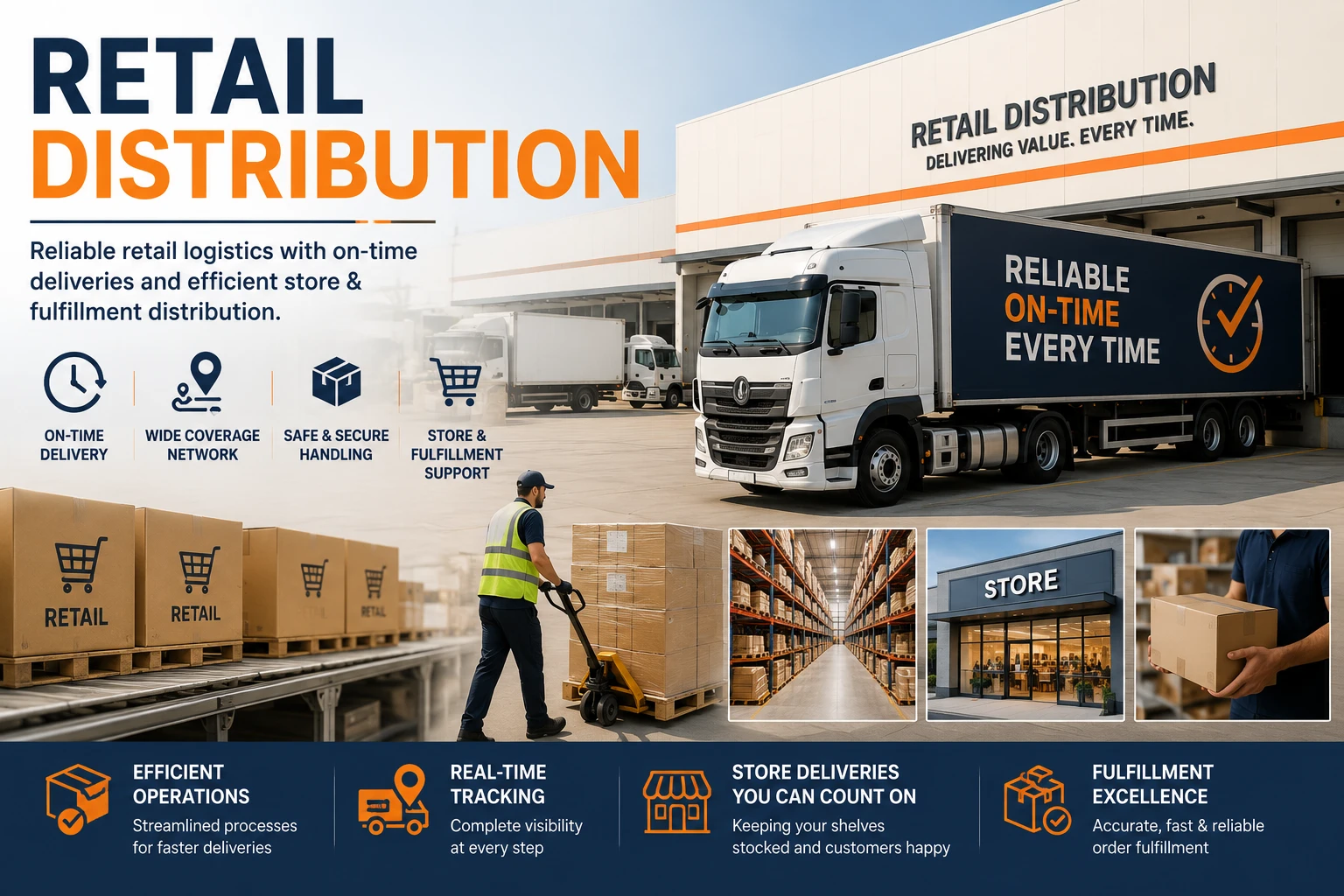 Retail distribution concept with loading dock, delivery truck, and icons for on-time delivery and store fulfillment.