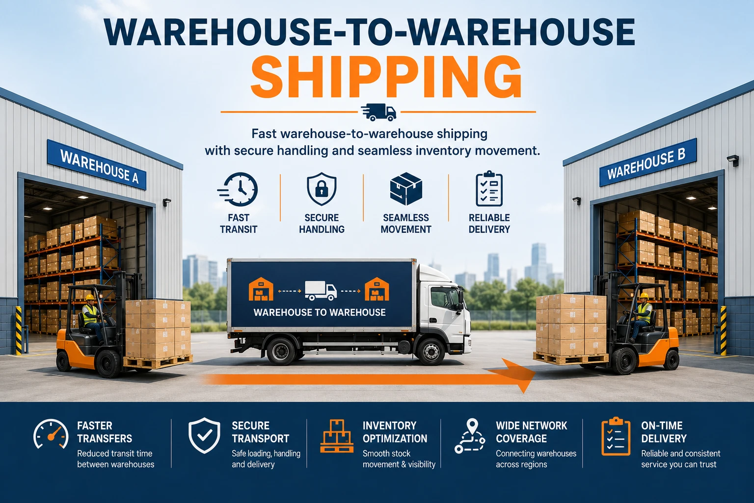 Warehouse-to-warehouse shipping infographic showing a truck between Warehouse A and B with icons for fast transit, secure handling, seamless movement, and reliable delivery.