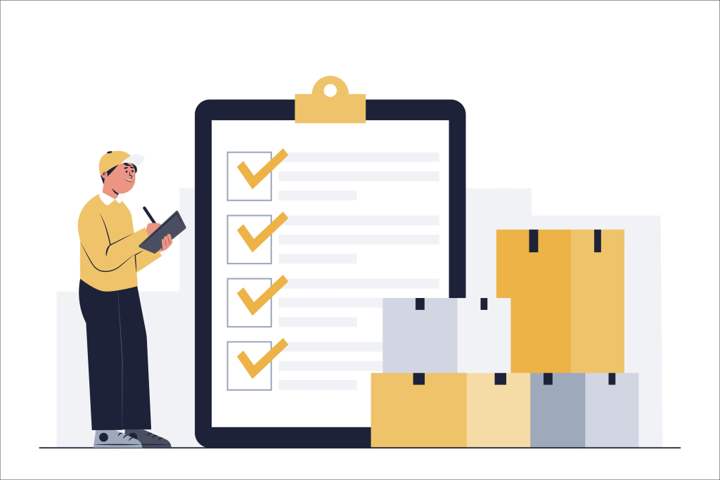 Person standing beside a giant clipboard with multiple checked items and boxes in the background.