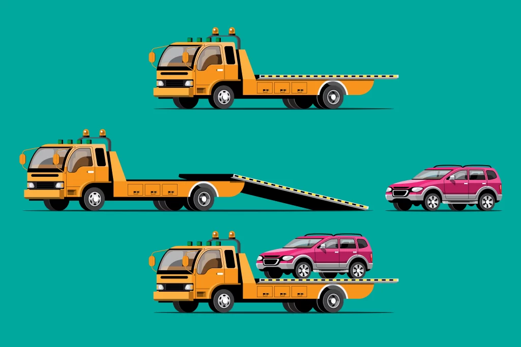Teal background with several orange tow trucks and a pink SUV in a loading scene on a flatbed ramp.
