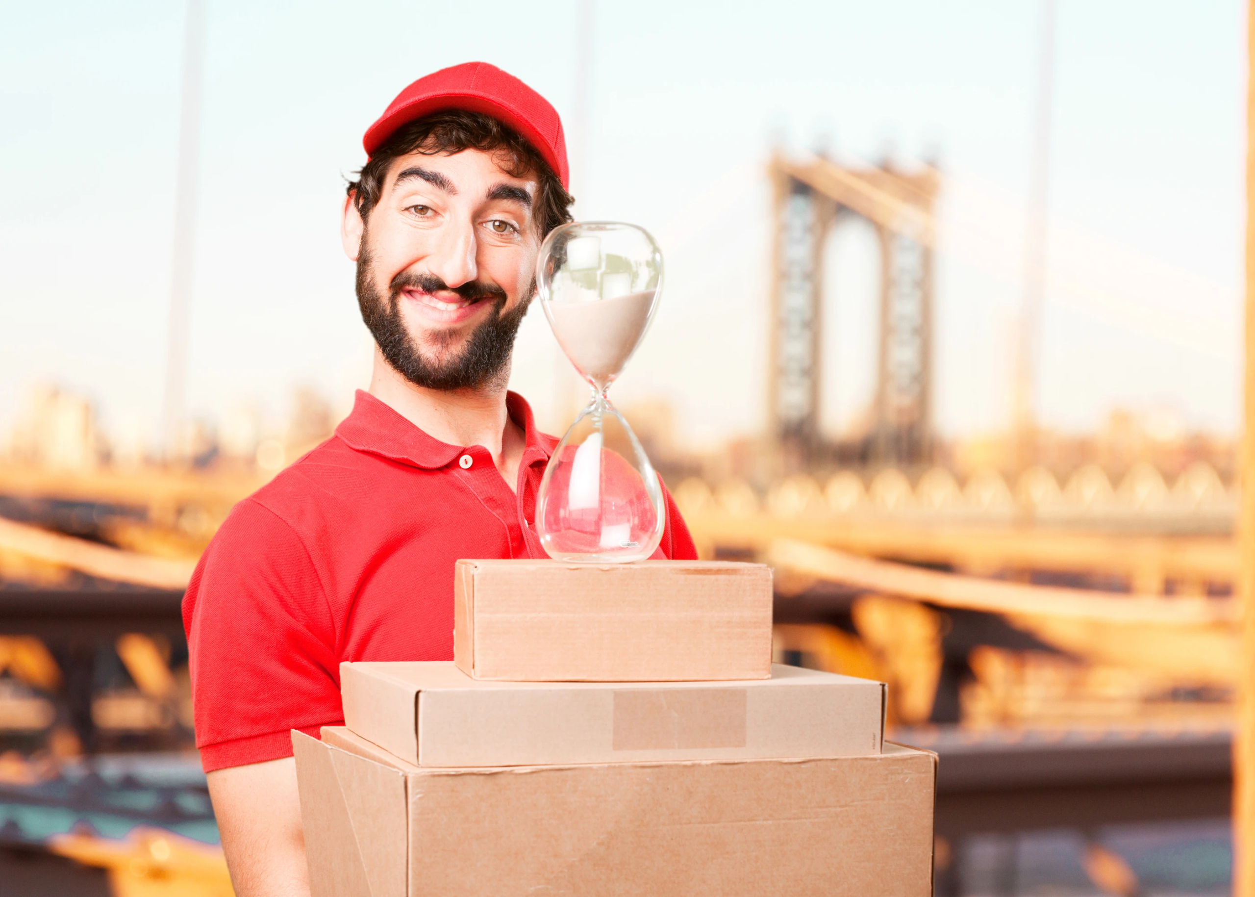 Smiling delivery worker in a red polo and cap, holding a glass hourglass atop stacked cardboard boxes in a warehouse.