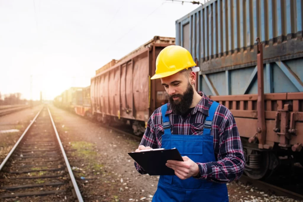 Bearded man in a yellow hard hat and blue overalls inspecting a clipboard beside freight train cars on railroad tracks at sunset.