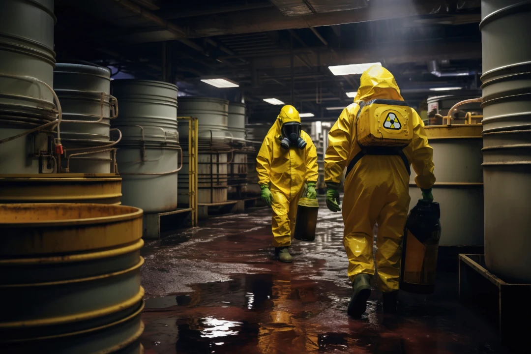 Two workers in full yellow hazmat suits walk down a dim, industrial corridor carrying hazardous-material canisters among stacked drums and tanks.