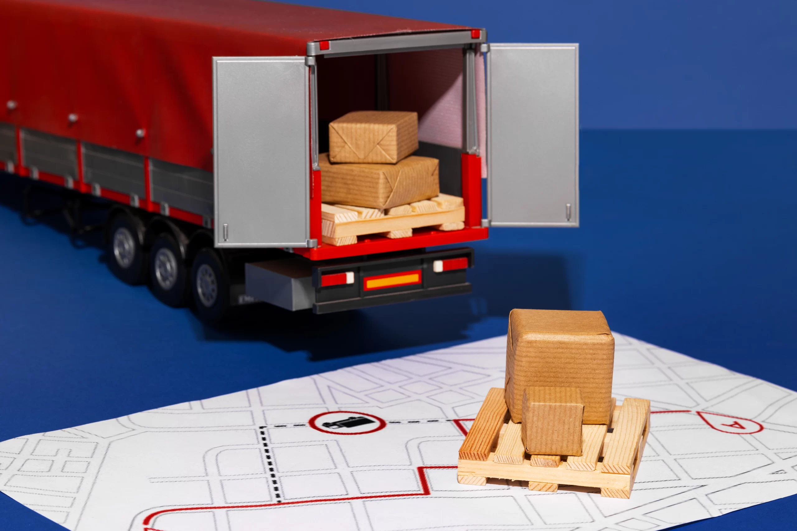 Toy red truck with its back doors open, unloading wooden blocks onto a blueprint map.