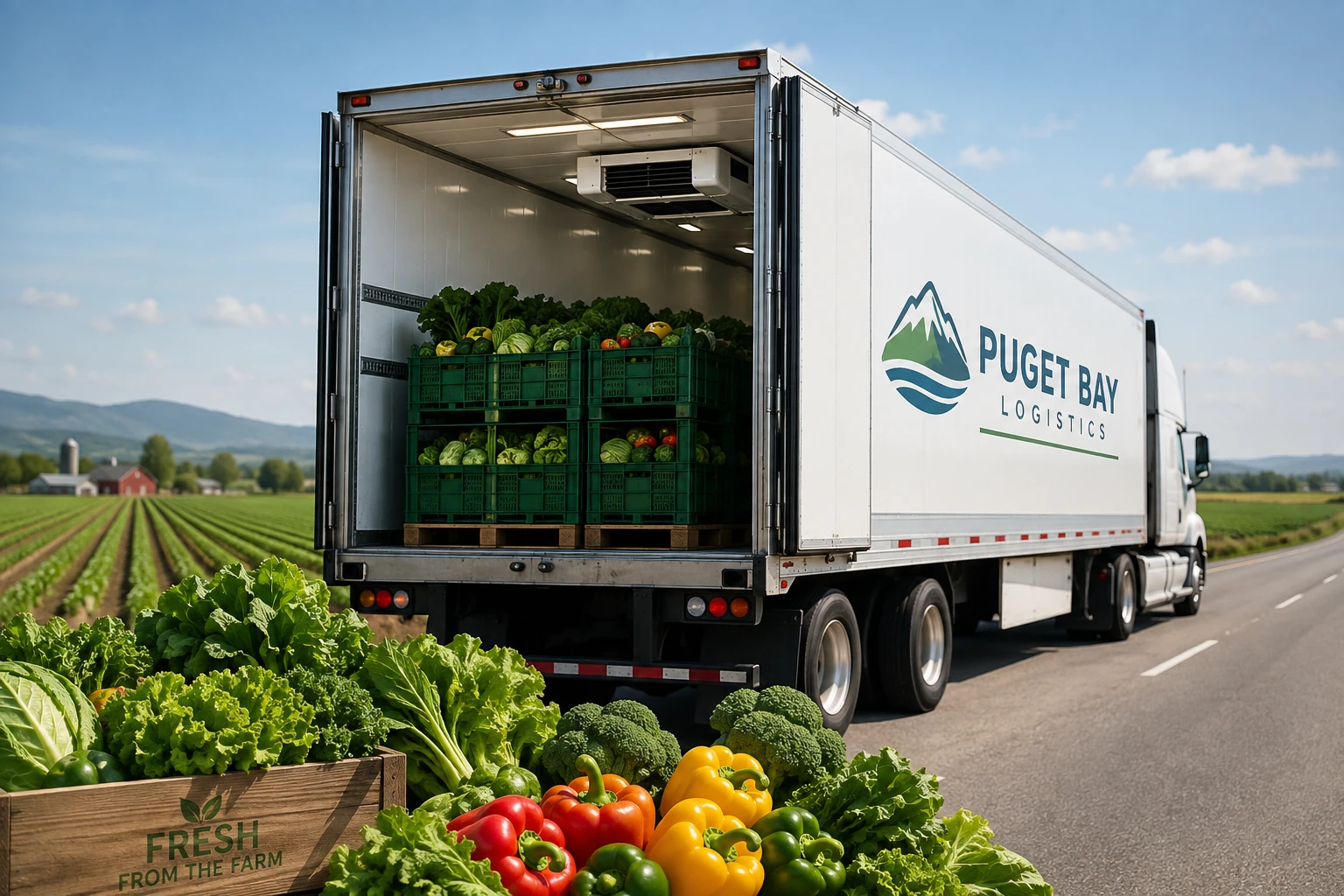 Open-back Puget Bay Logistics truck loaded with crates of leafy greens and peppers on a rural road beside farmland fields in the distance.