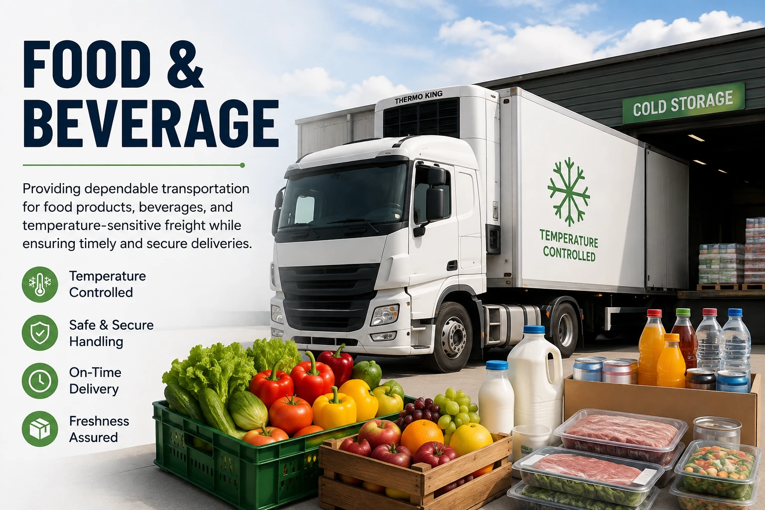 Delivery truck at a cold-storage facility with fresh produce and groceries in front; large 'FOOD & BEVERAGE' text on left.