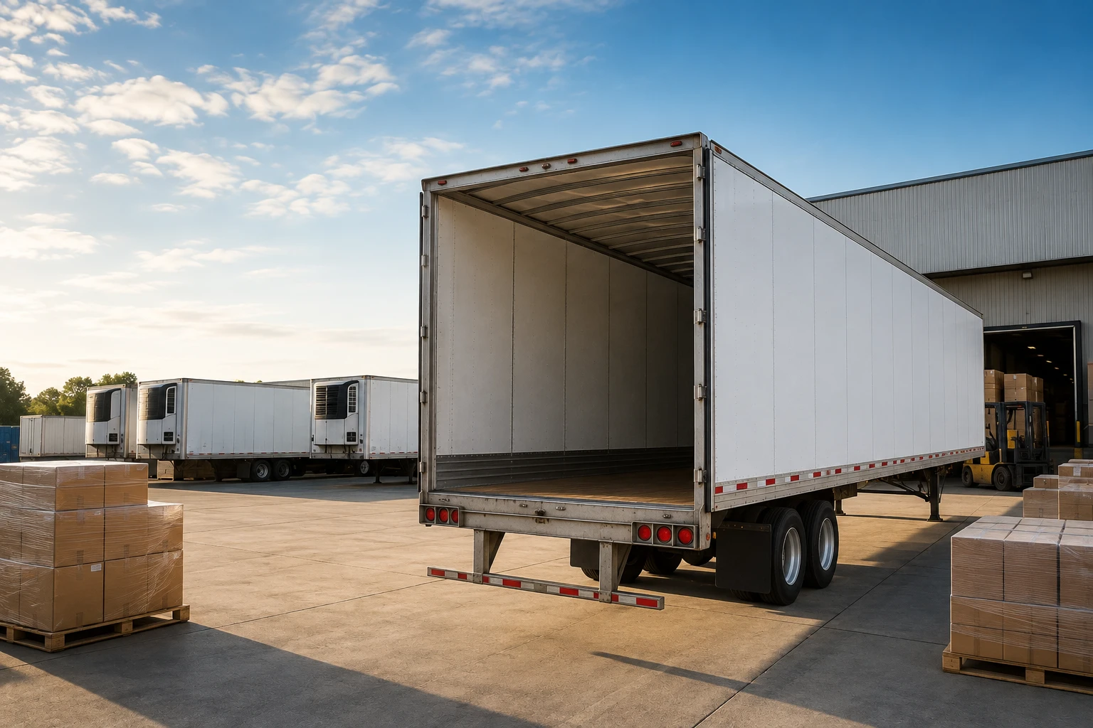 A large empty semi-trailer parked at a loading dock in a warehouse yard with stacked pallets nearby.