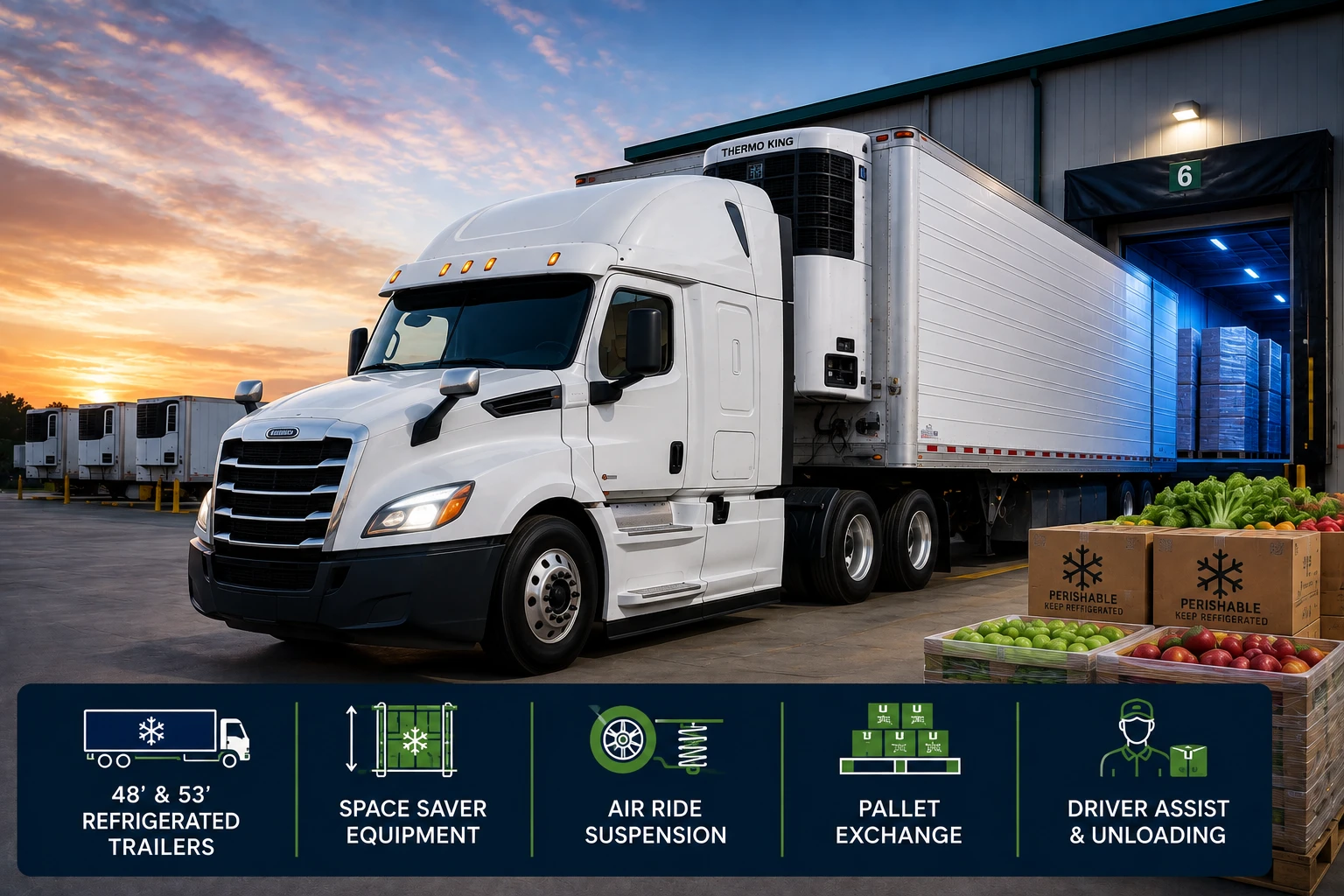 White refrigerated semi-truck at a loading dock with pallets of produce nearby at sunset/blue hour.