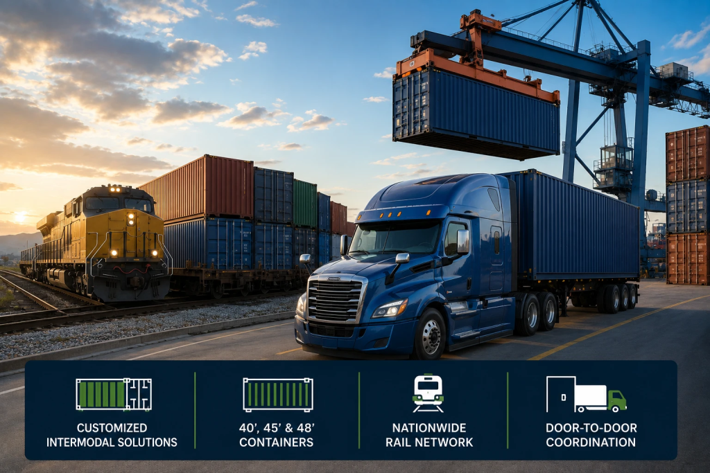 Blue semi-truck with a large shipping container on a trailer at a busy container yard with stacked containers and a crane in the background, sunset light.