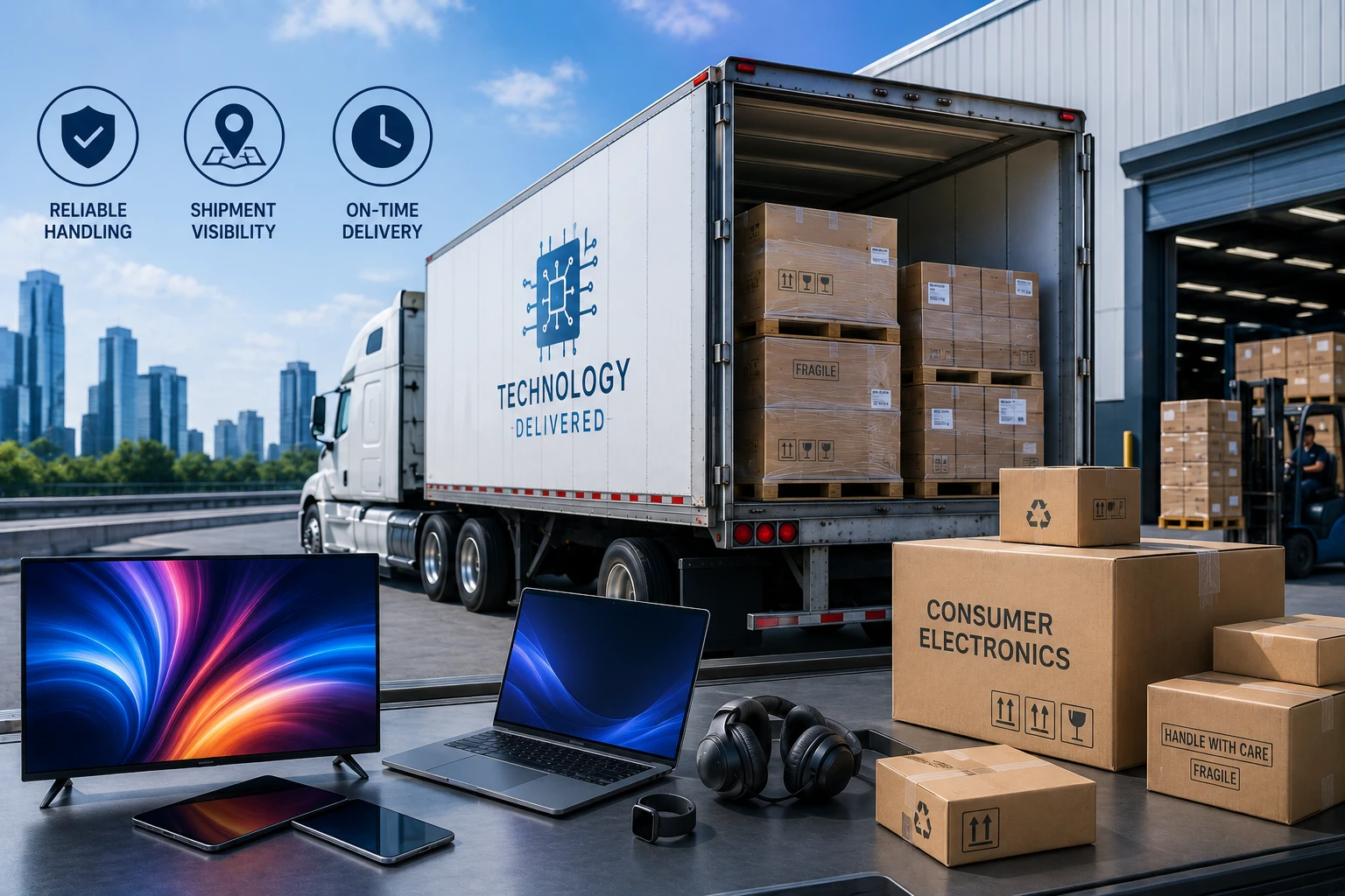 Delivery truck at a loading dock with stacked boxes; foreground shows a monitor, laptop, tablet and headphones ready for shipment.