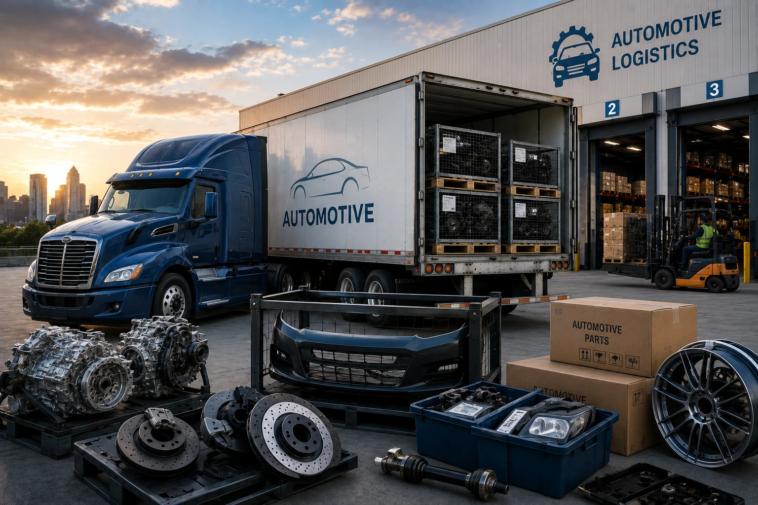 Blue semi-truck with open trailer at an automotive parts yard, pallets of wheels and brake components in foreground, loading dock in background.
