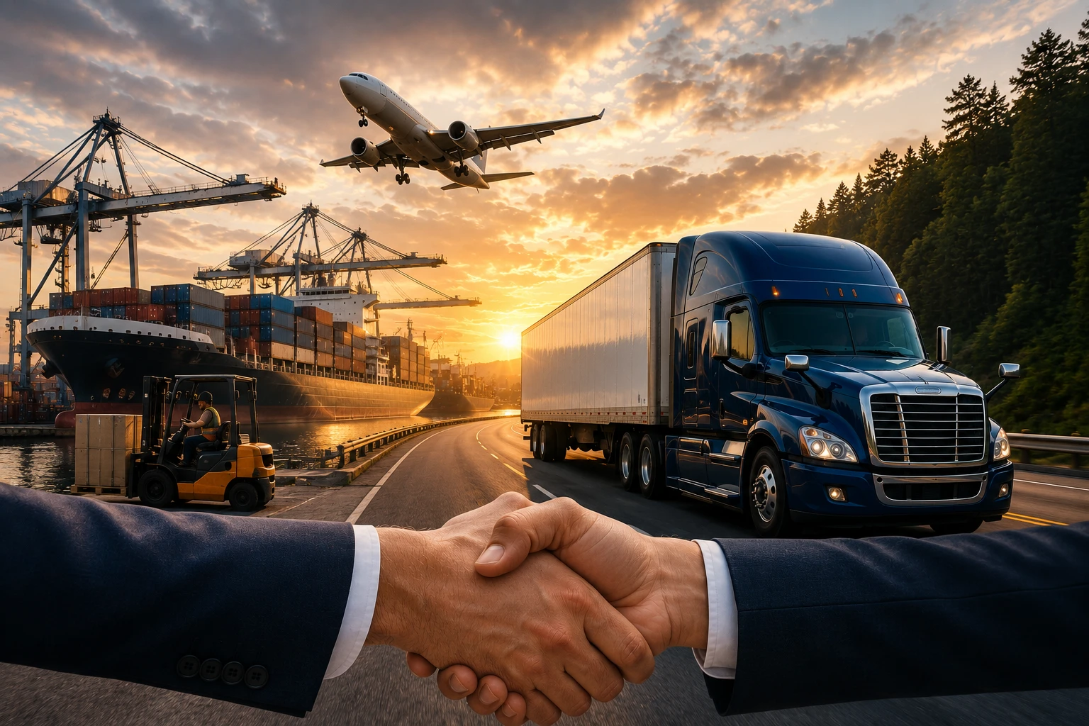 Handshake in the foreground signaling a logistics partnership, with a port, container ship, cranes, truck, and airplane at sunset.