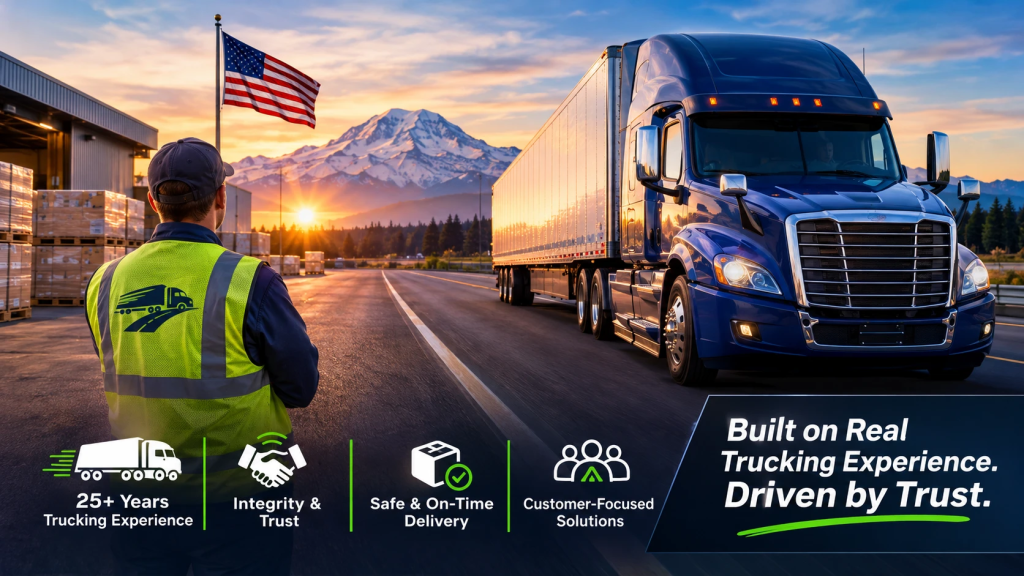 Blue semi-truck on a highway at sunset, watched by a worker in a reflective vest with an American flag and snowy mountains in the background.