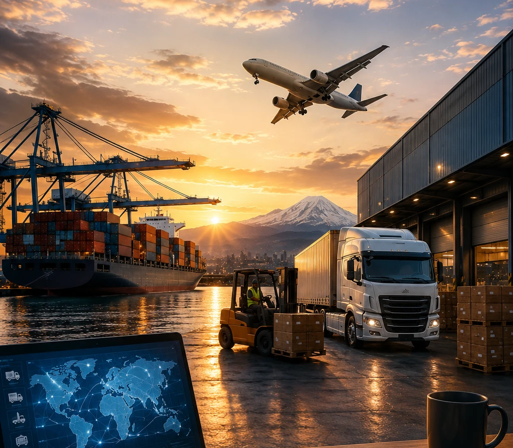 Port logistics at sunset: container ship with stacked cargo, cranes, a forklift, freight truck, and an airplane taking off in the sky behind a warehouse bay.