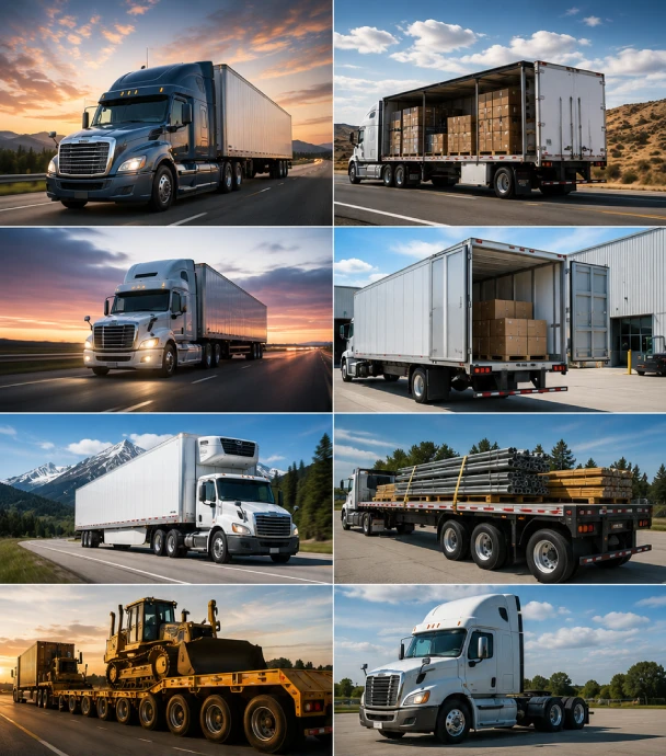 Collage of trucks and trailers transporting goods: highway haulers, loaded trailers, and containers in various settings.