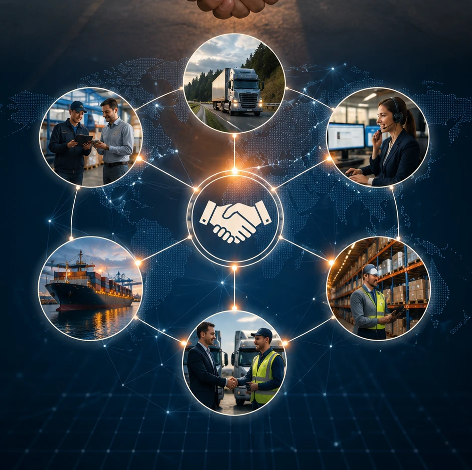 Global logistics network connecting trucks, ships, warehouses, and support around a central handshake symbol.